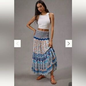Farm Rio x Anthropologie Blue Ruffled Printed Tapestry Maxi Skirt